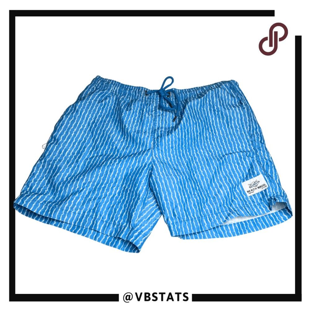 Beach Bros Mens Drawstring Striped Surfer Swim Trunks Blue White‎ Size Medium